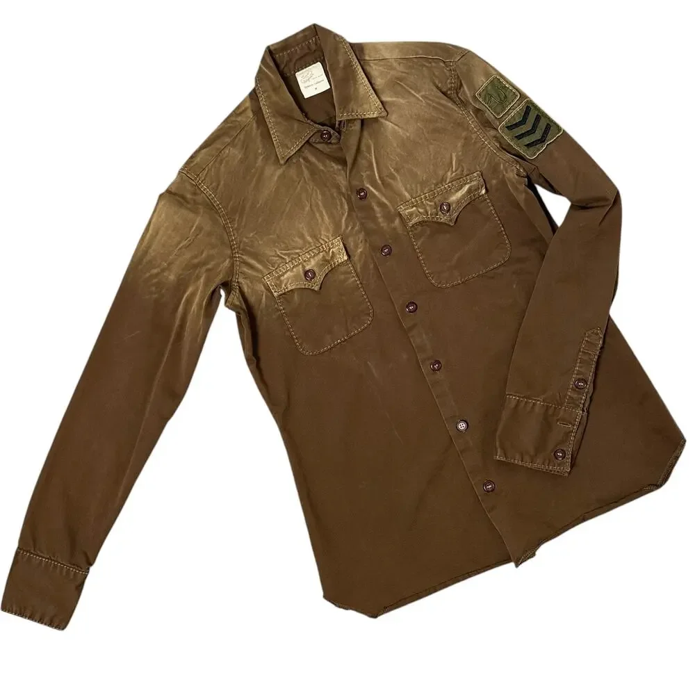 Vintage Y2K True Religion Military Patch Western Shirt Brown Cotton Distressed M